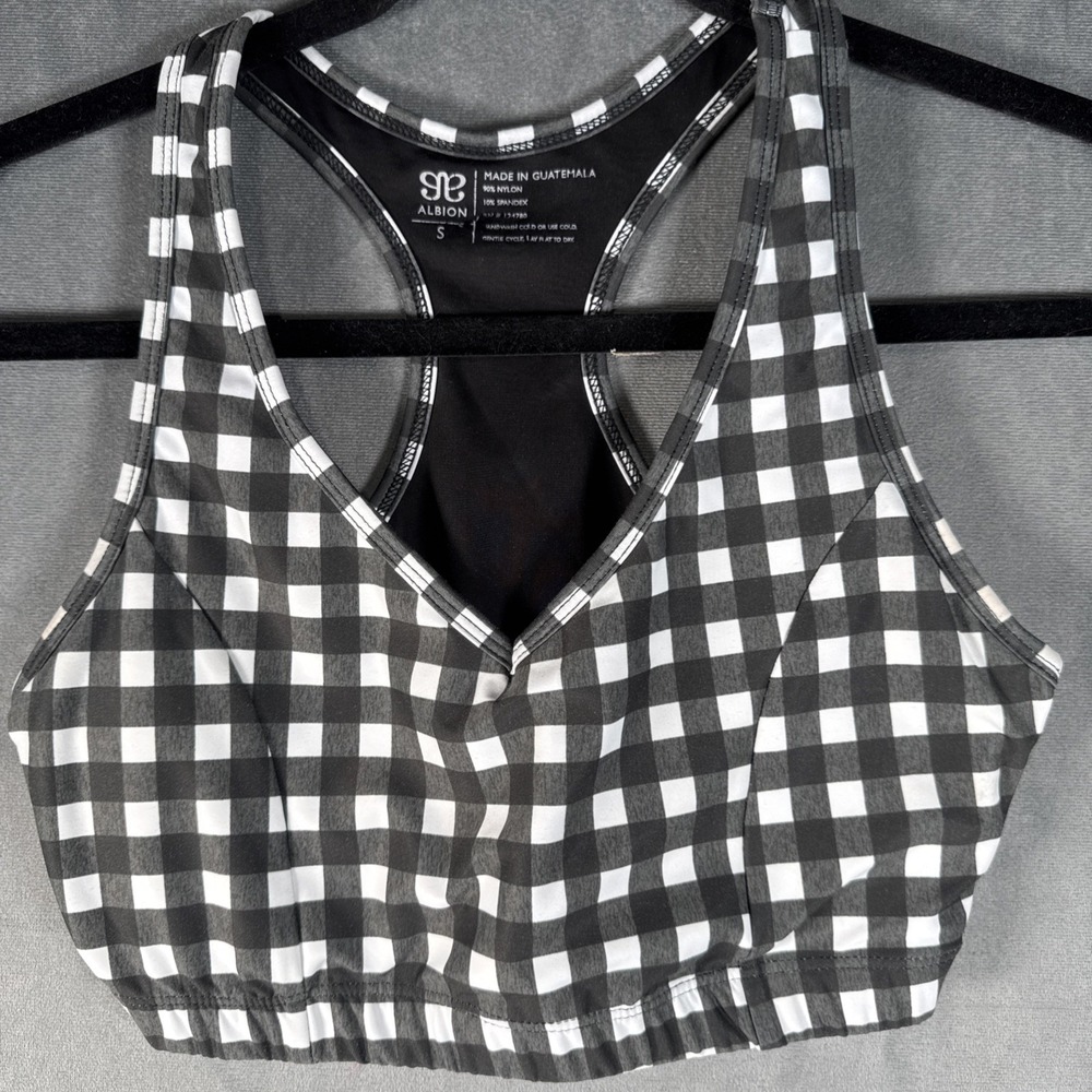 Albion Sports Bra Women's S Grey White Gingham Print Athletic Workout Top